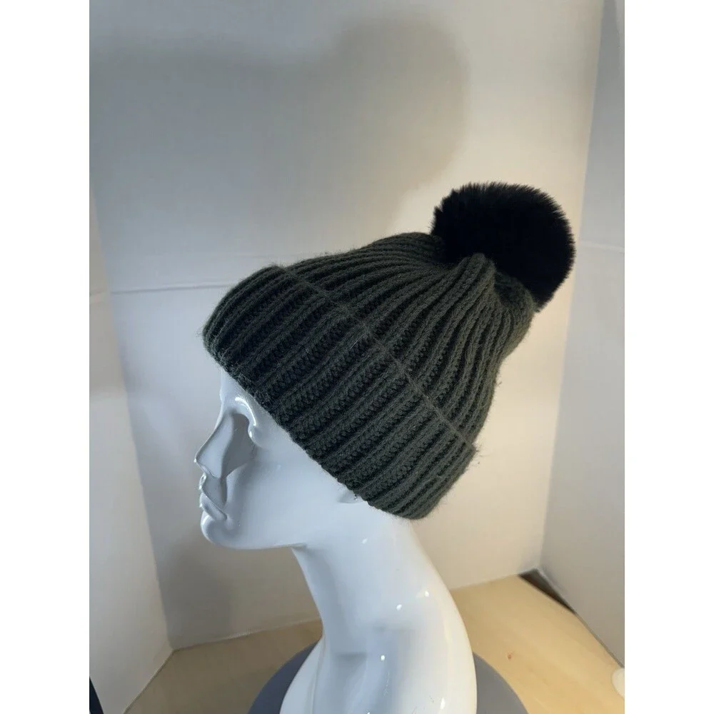 Steve Madden Green Cuffed Beanie with Black POM Winter Hat Ski Cap One Size
